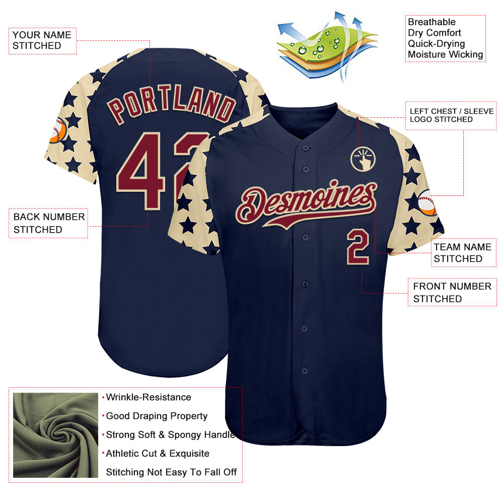 Custom Navy Crimson-Cream Star Raglan Sleeves Authentic Baseball Jersey baseball jersey product view 3