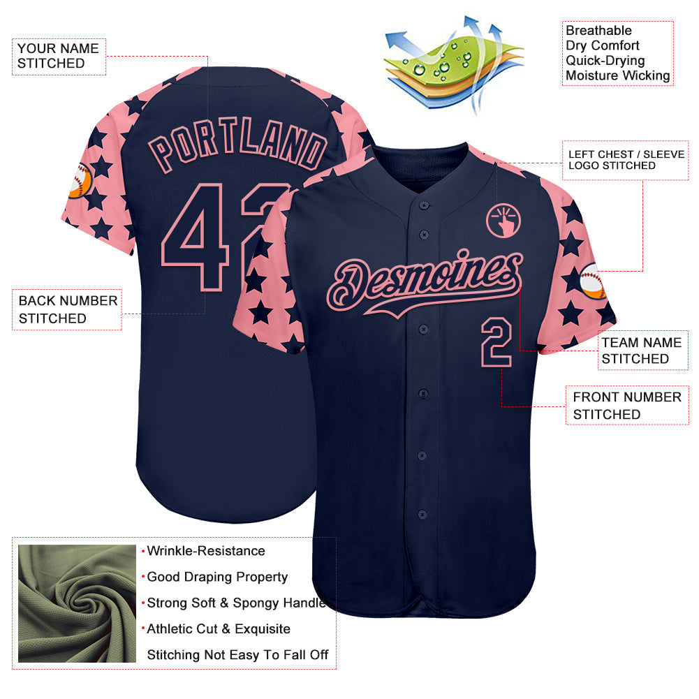 Custom Navy Medium Pink Star Raglan Sleeves Authentic Baseball Jersey baseball jersey product view 3