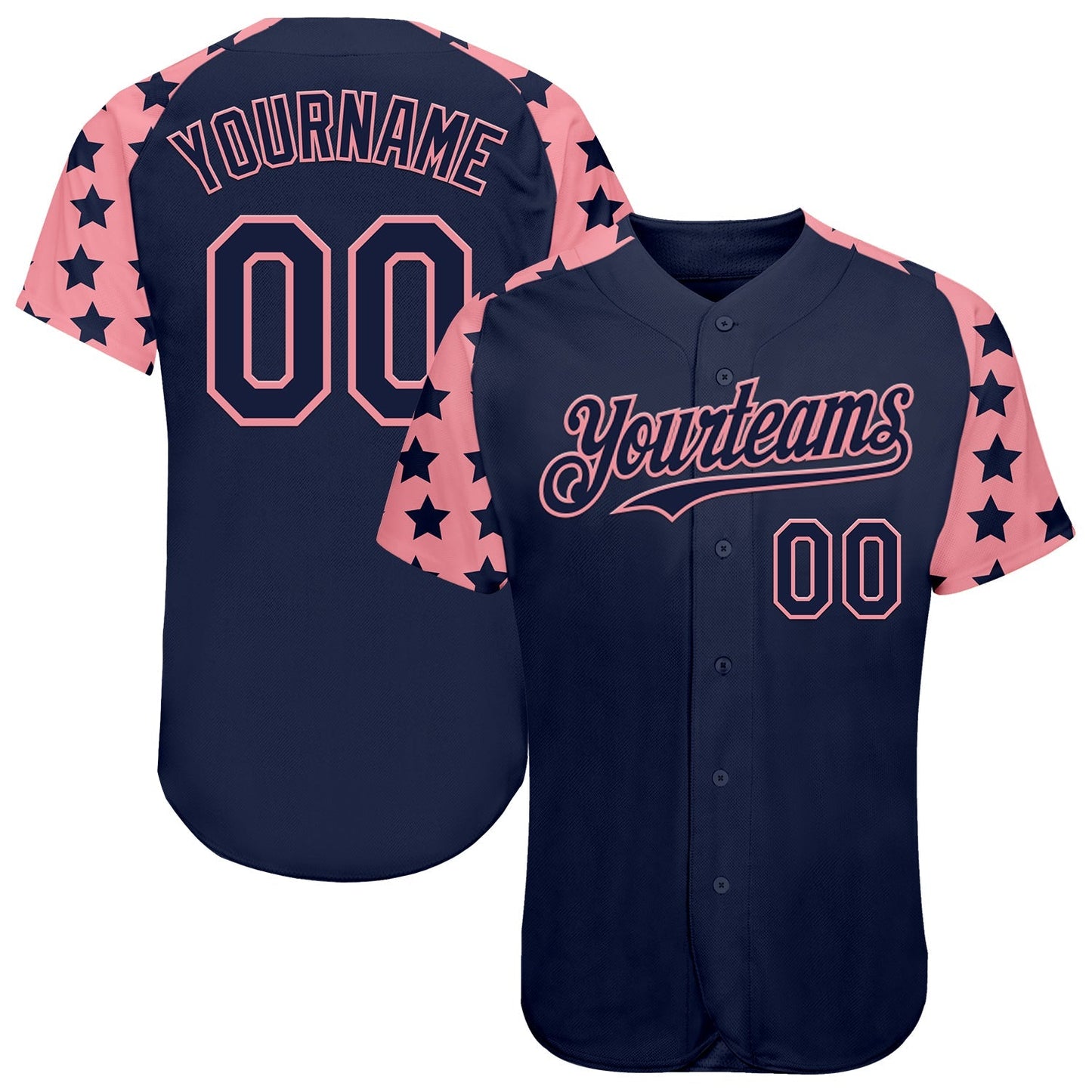 Custom Navy Medium Pink Star Raglan Sleeves Authentic Baseball Jersey baseball jersey product view 1
