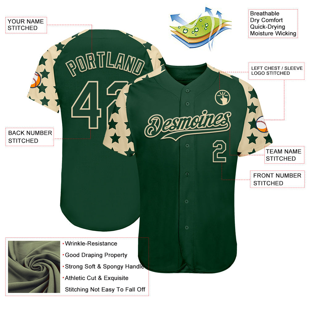 Custom Green Cream Star Raglan Sleeves Authentic Baseball Jersey baseball jersey product view 3