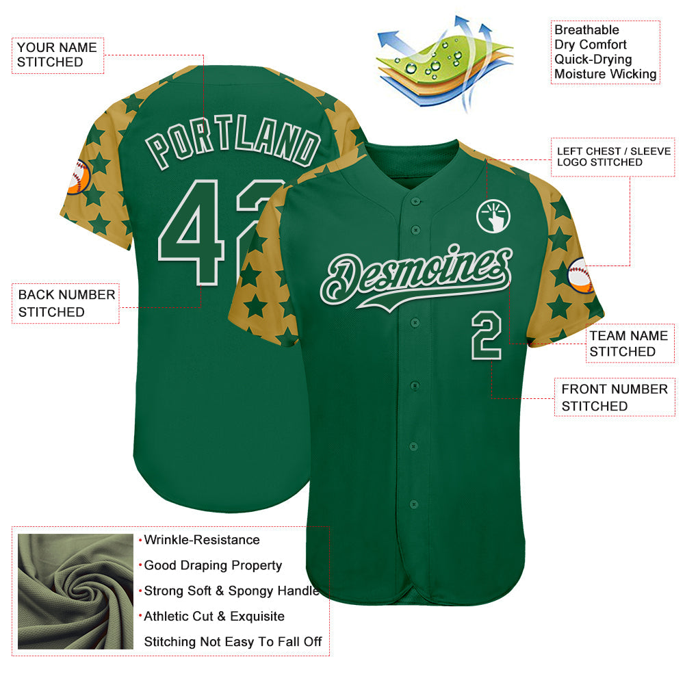 Custom Green White-Old Gold Star Raglan Sleeves Authentic Baseball Jersey baseball jersey product view 3