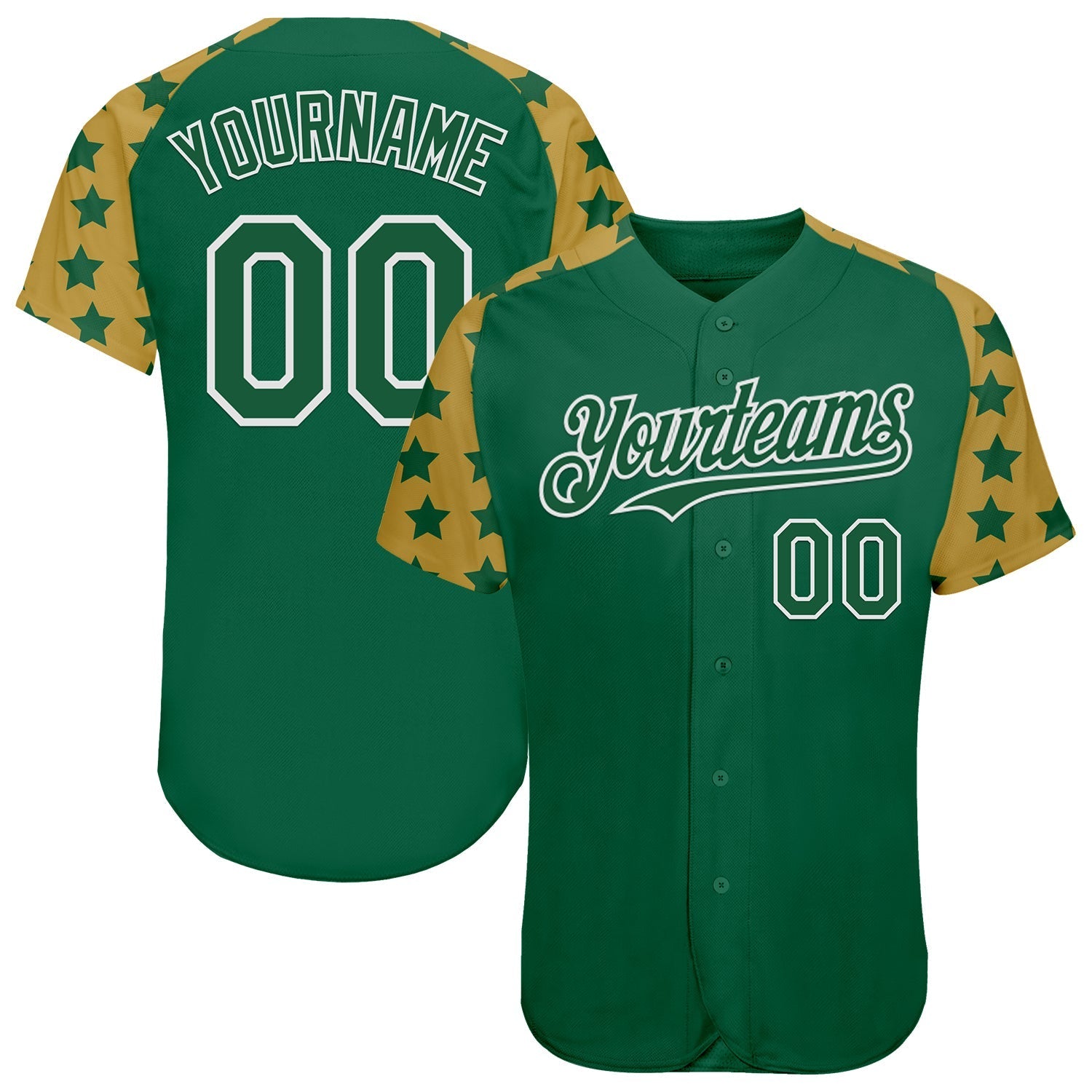 Custom Green White-Old Gold Star Raglan Sleeves Authentic Baseball Jersey baseball jersey product view 1