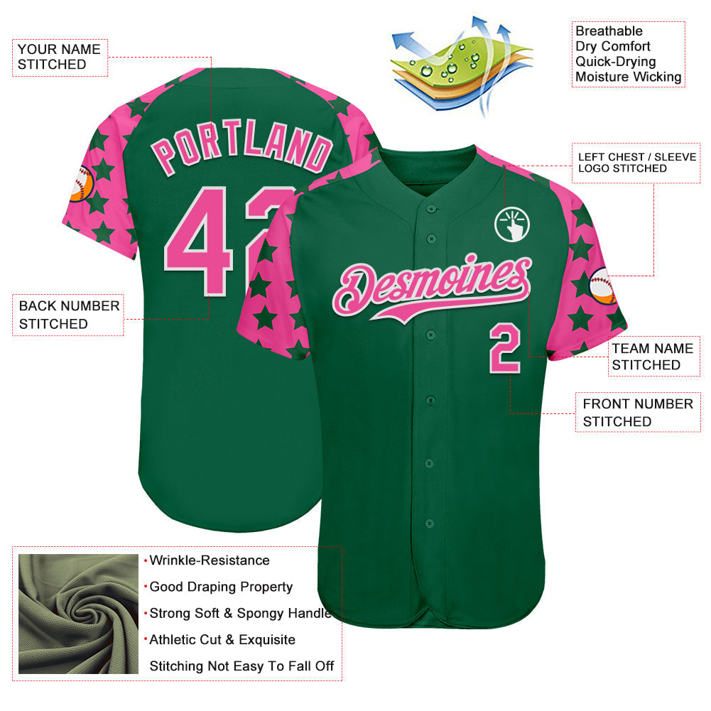 Custom Green Pink-White Star Raglan Sleeves Authentic Baseball Jersey baseball jersey product view 3