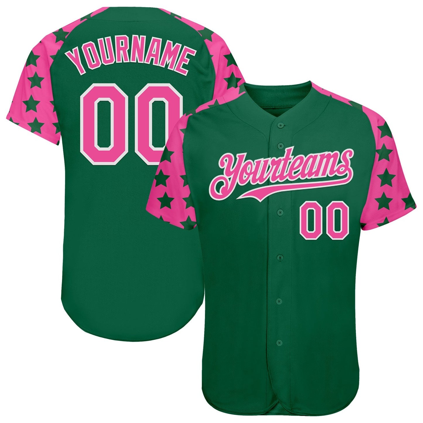 Custom Green Pink-White Star Raglan Sleeves Authentic Baseball Jersey baseball jersey product view 1