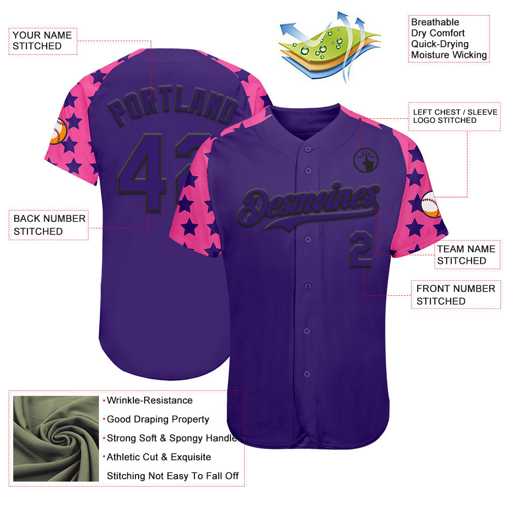 Custom Purple Black-Pink Star Raglan Sleeves Authentic Baseball Jersey baseball jersey product view 3