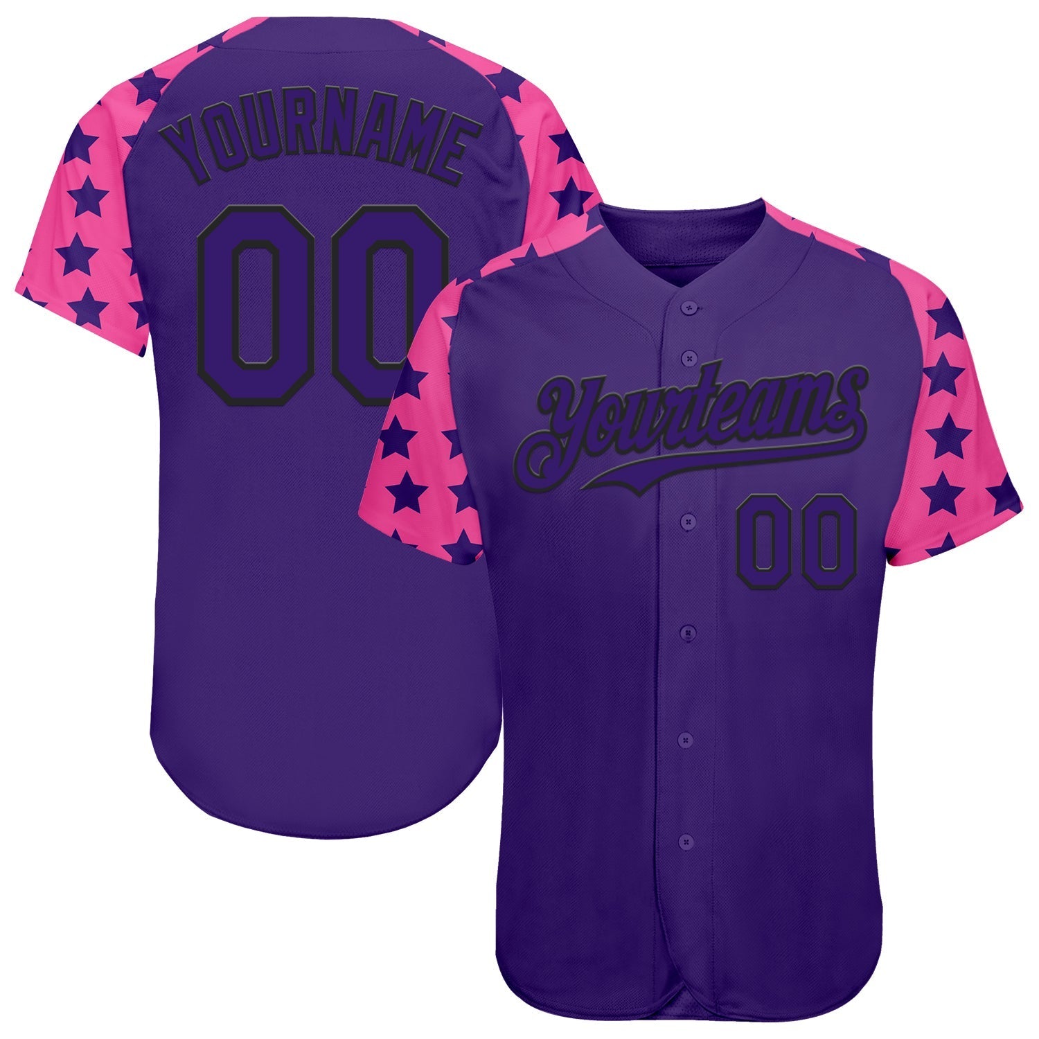 Custom Purple Black-Pink Star Raglan Sleeves Authentic Baseball Jersey baseball jersey product view 1