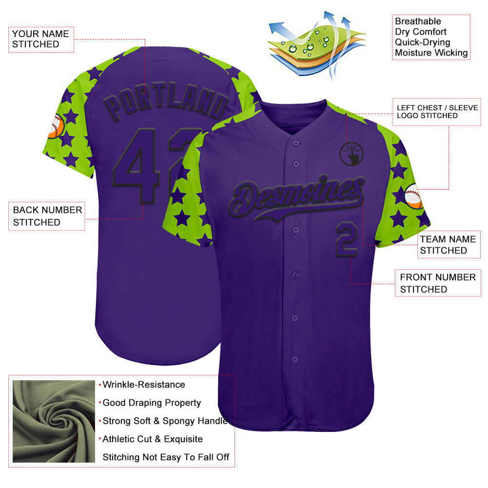 Custom Purple Black-Neon Green Star Raglan Sleeves Authentic Baseball Jersey baseball jersey product view 3