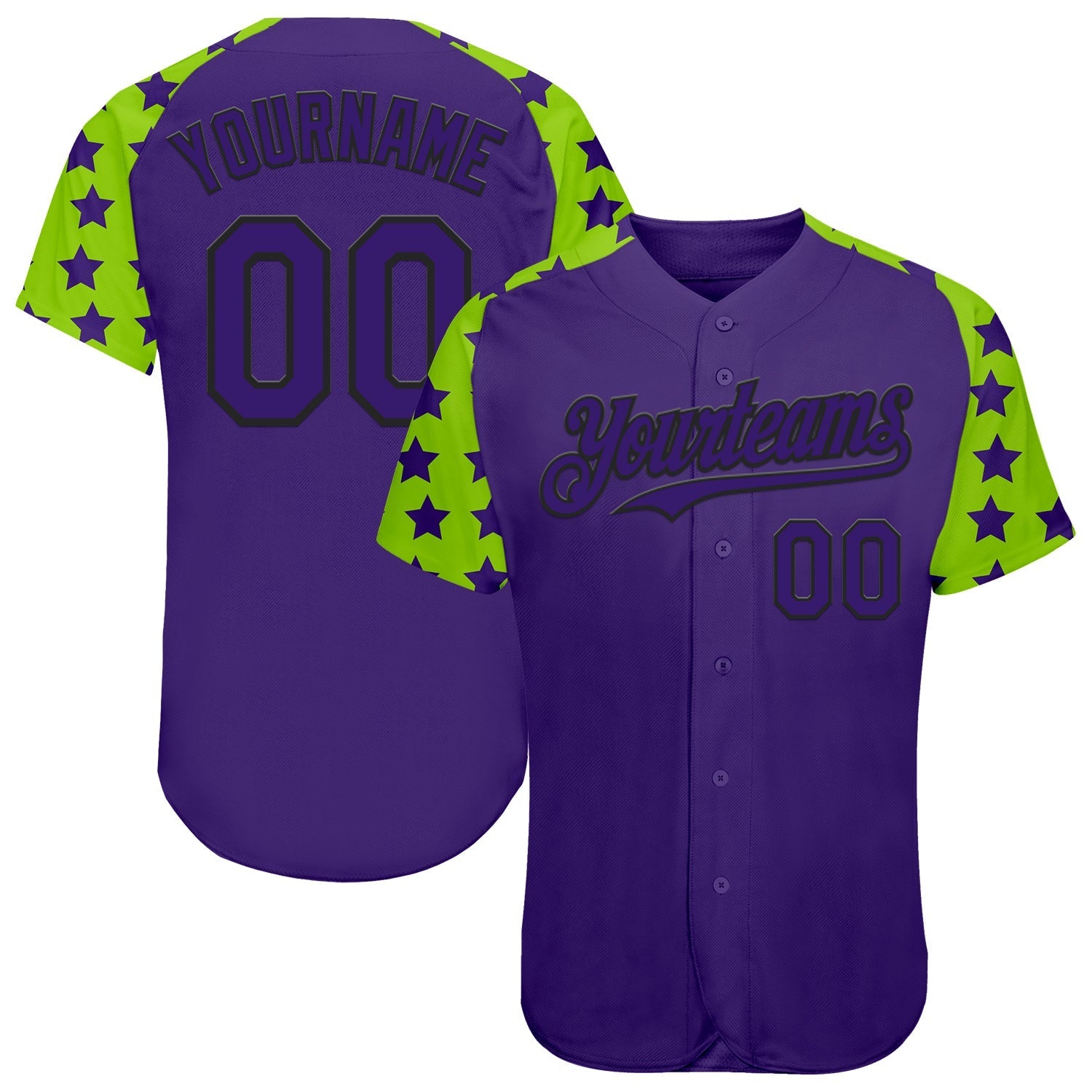 Custom Purple Black-Neon Green Star Raglan Sleeves Authentic Baseball Jersey baseball jersey product view 1
