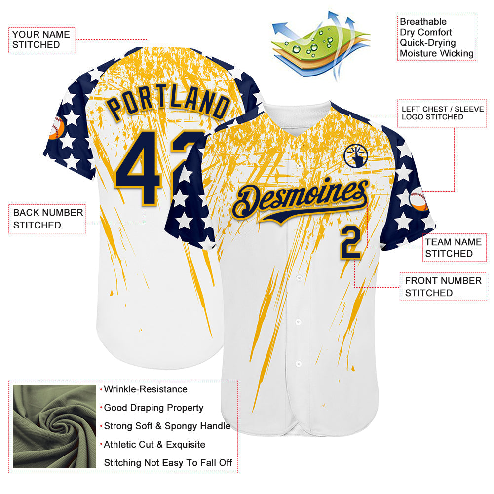 Custom White Navy-Gold Splatter Brush Stroke Star Raglan Sleeves Authentic Baseball Jersey baseball jersey product view 3