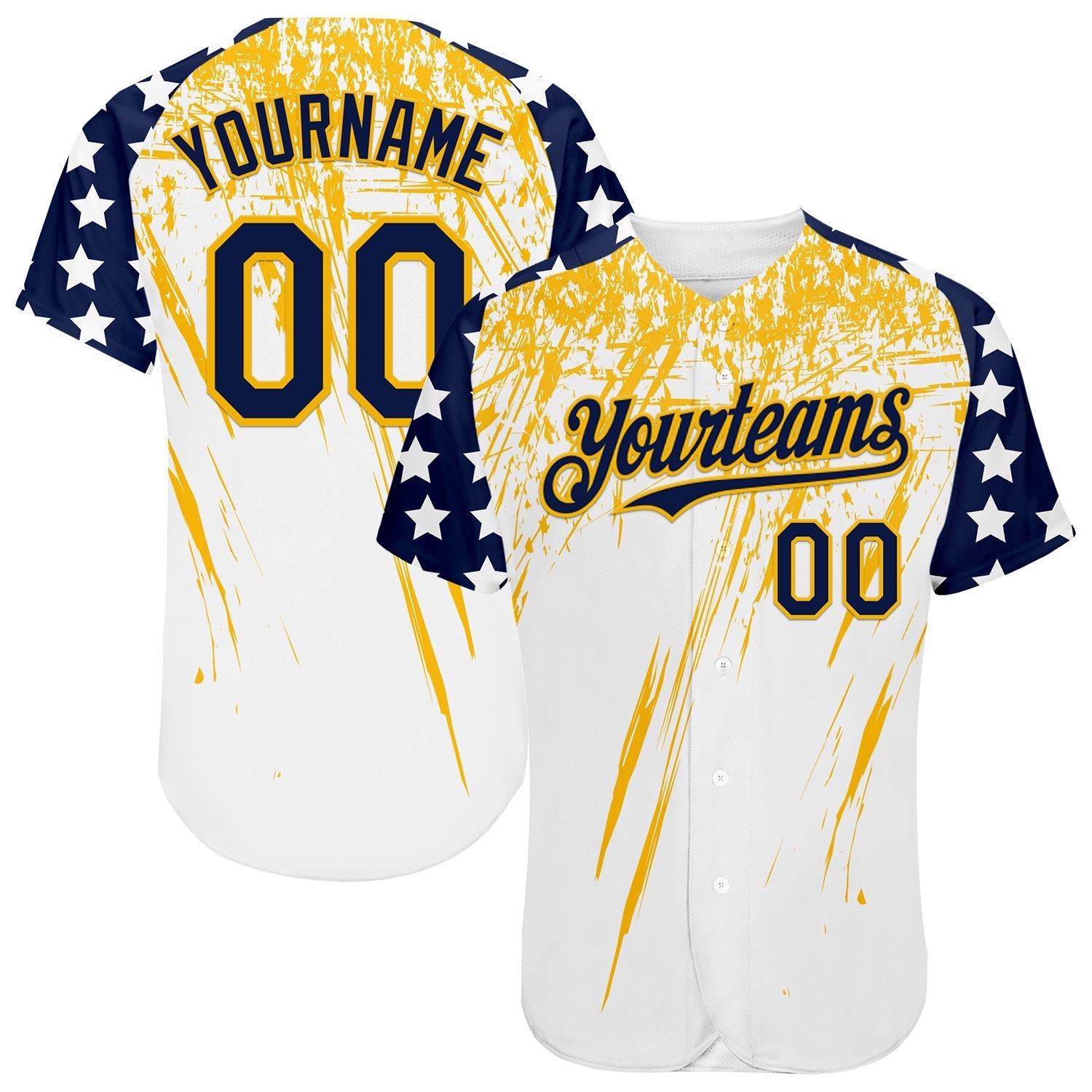 Custom White Navy-Gold Splatter Brush Stroke Star Raglan Sleeves Authentic Baseball Jersey baseball jersey product view 1
