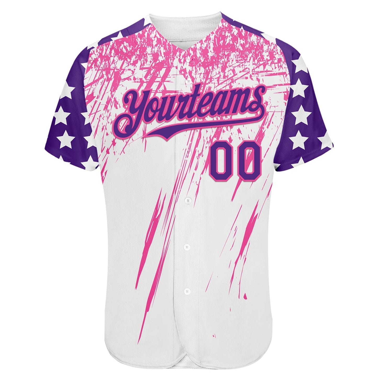 Custom White Purple-Pink Splatter Brush Stroke Star Raglan Sleeves Authentic Baseball Jersey baseball jersey product view 2