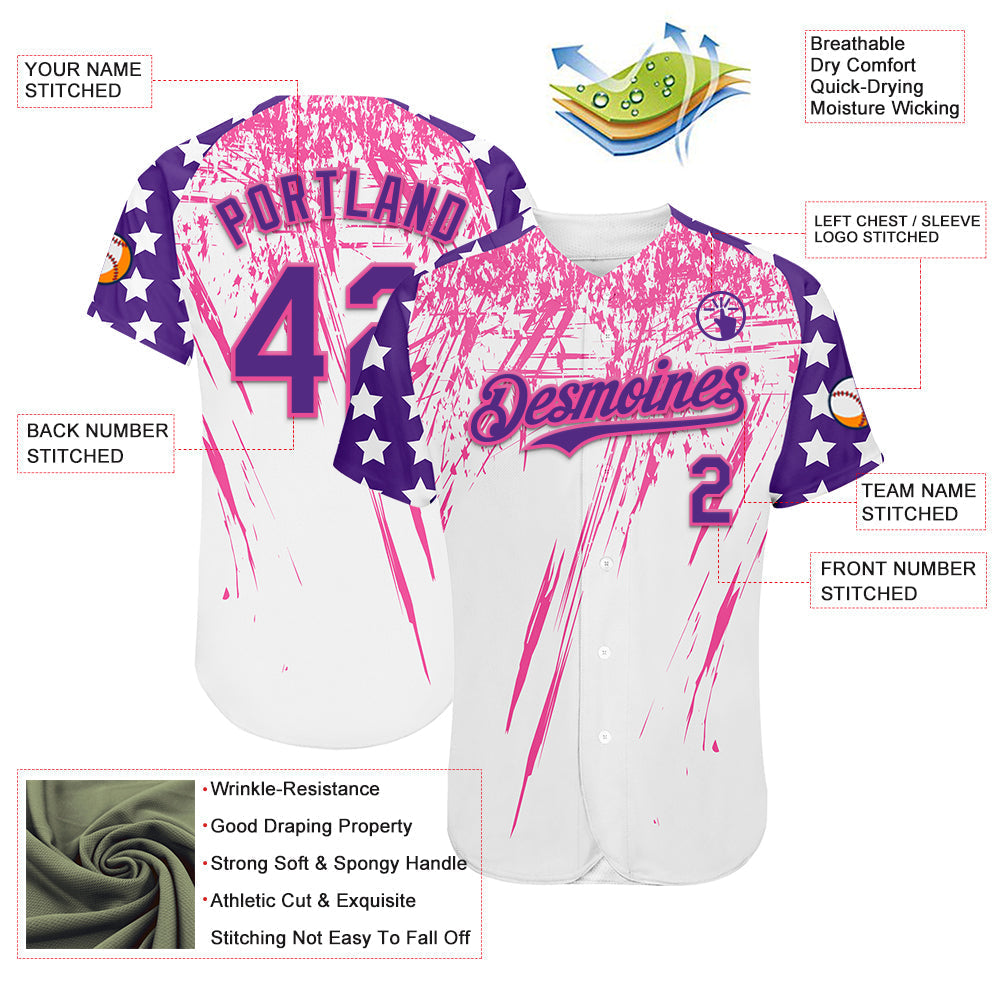 Custom White Purple-Pink Splatter Brush Stroke Star Raglan Sleeves Authentic Baseball Jersey baseball jersey product view 3