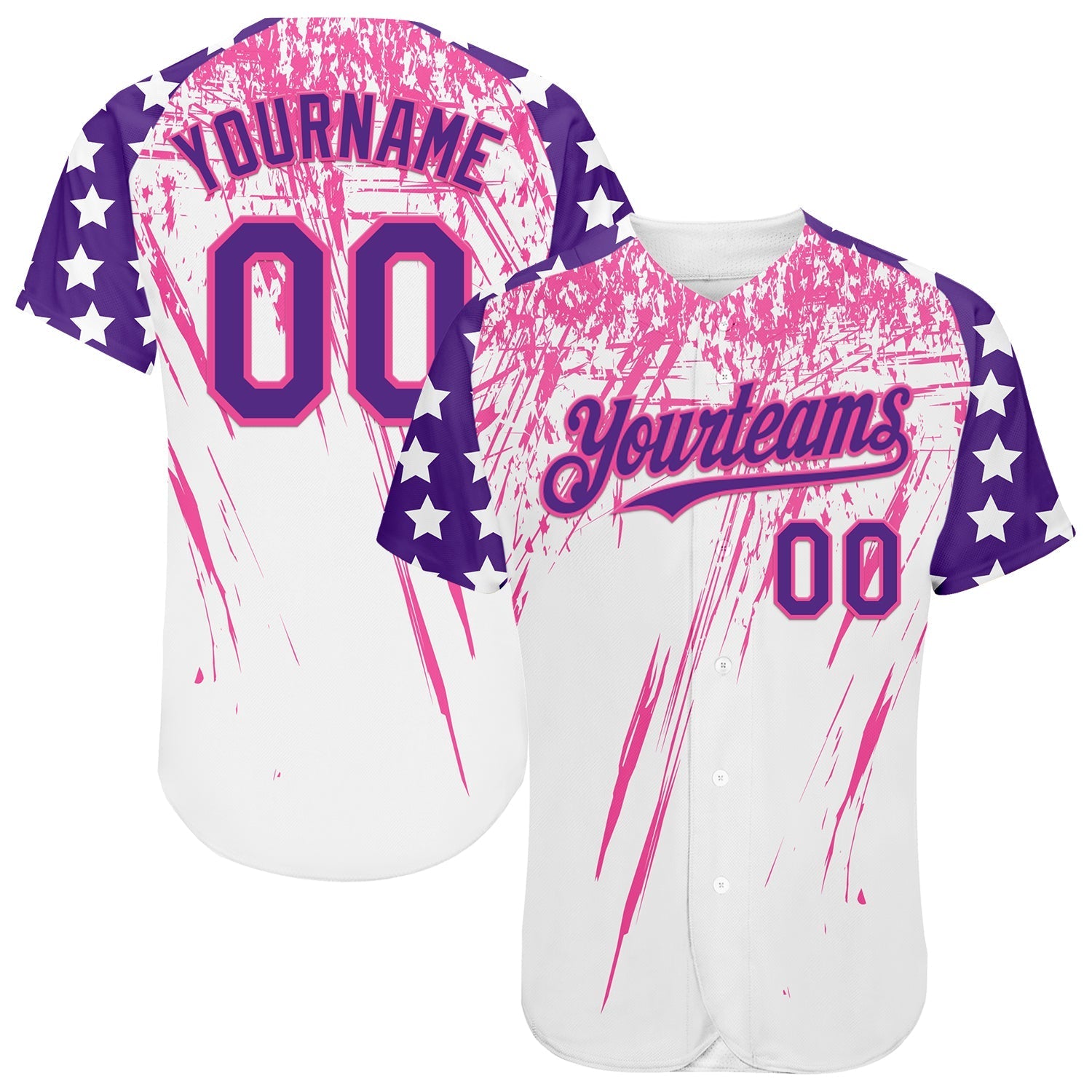 Custom White Purple-Pink Splatter Brush Stroke Star Raglan Sleeves Authentic Baseball Jersey baseball jersey product view 1