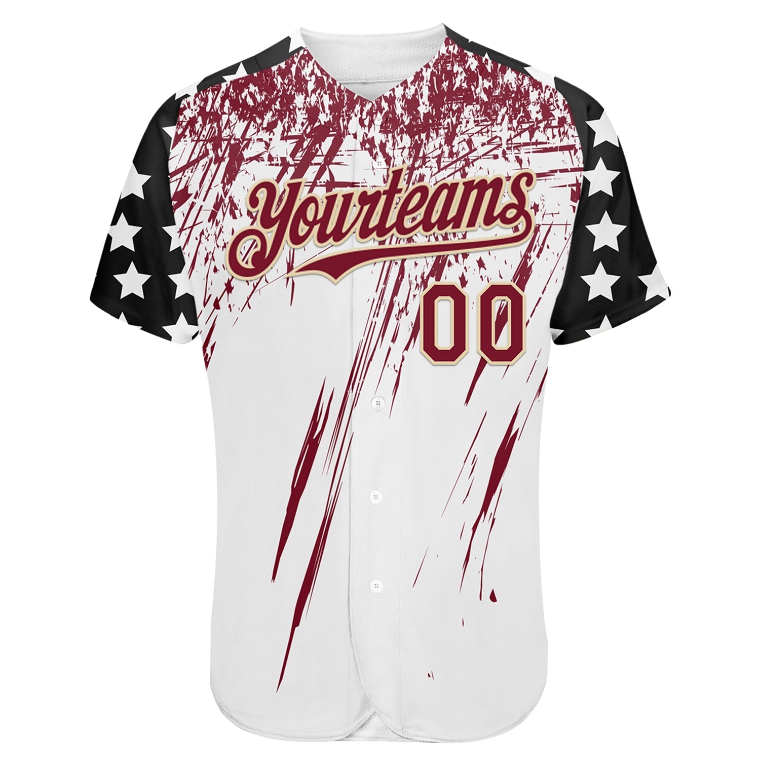 Custom White Crimson Cream-Black Splatter Brush Stroke Star Raglan Sleeves Authentic Baseball Jersey baseball jersey product view 2