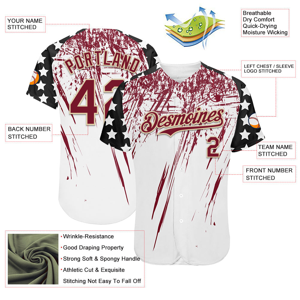 Custom White Crimson Cream-Black Splatter Brush Stroke Star Raglan Sleeves Authentic Baseball Jersey baseball jersey product view 3