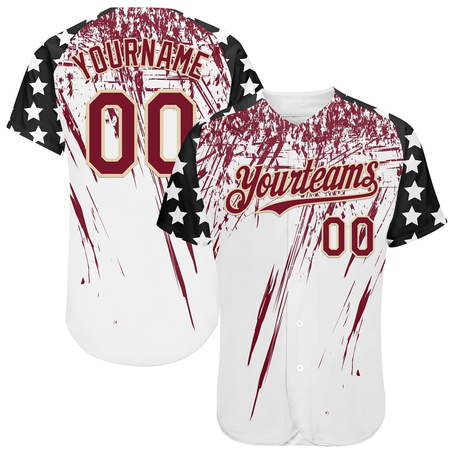 Custom White Crimson Cream-Black Splatter Brush Stroke Star Raglan Sleeves Authentic Baseball Jersey baseball jersey product view 1