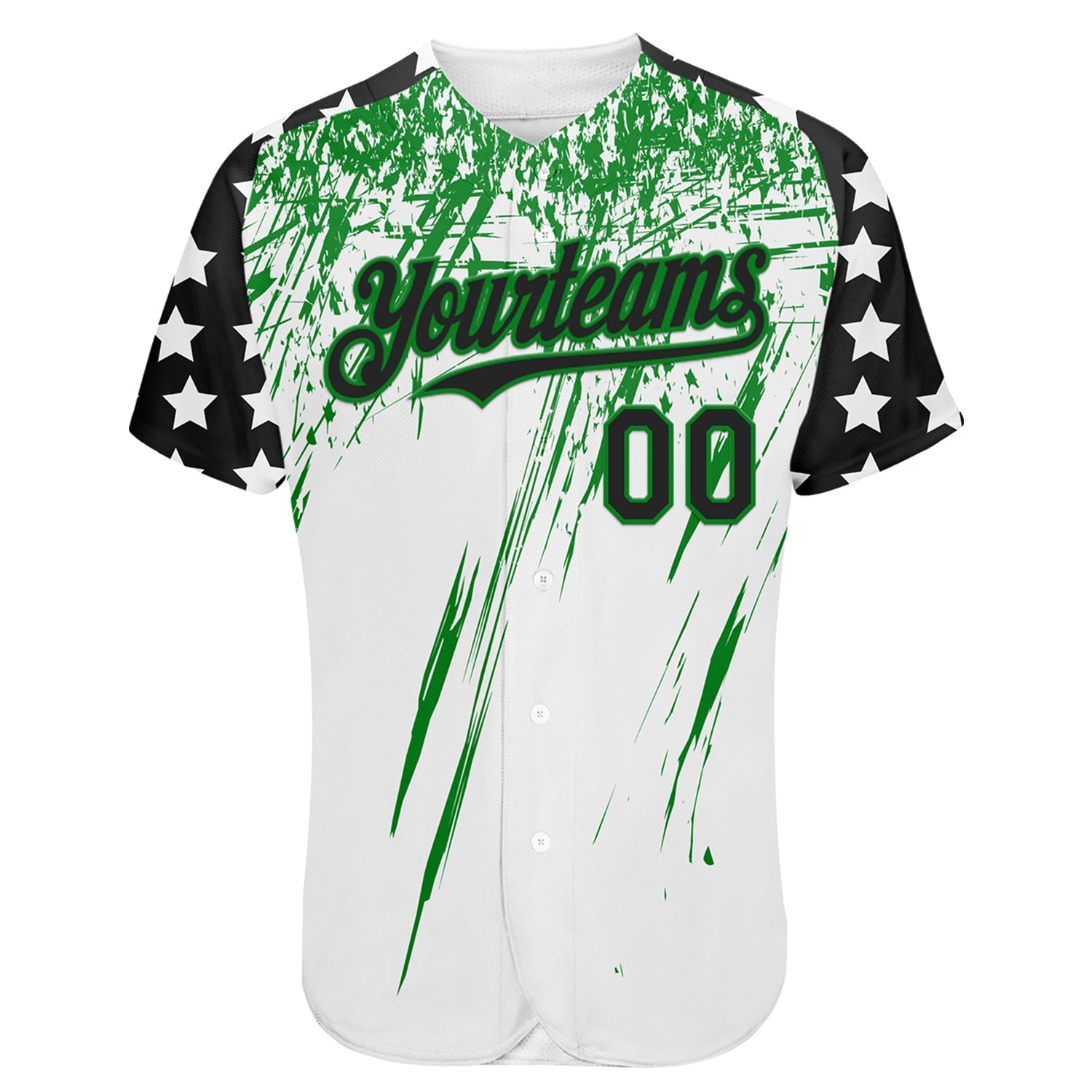 Custom White Black-Grass Green Splatter Brush Stroke Star Raglan Sleeves Authentic Baseball Jersey baseball jersey product view 2