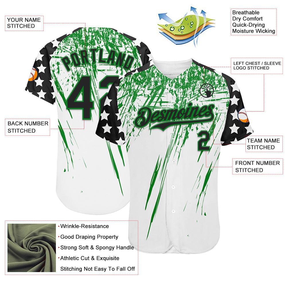 Custom White Black-Grass Green Splatter Brush Stroke Star Raglan Sleeves Authentic Baseball Jersey baseball jersey product view 3