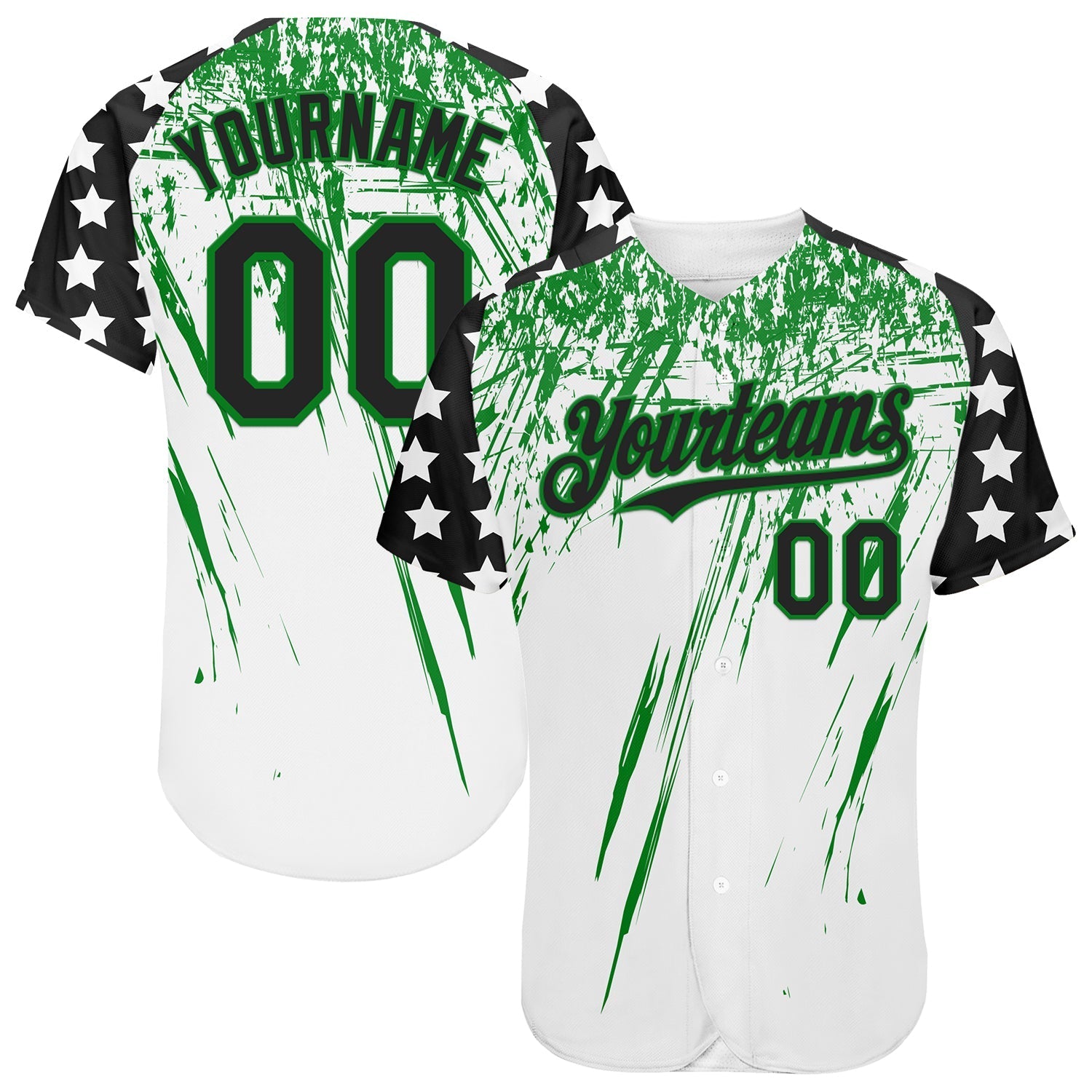 Custom White Black-Grass Green Splatter Brush Stroke Star Raglan Sleeves Authentic Baseball Jersey baseball jersey product view 1