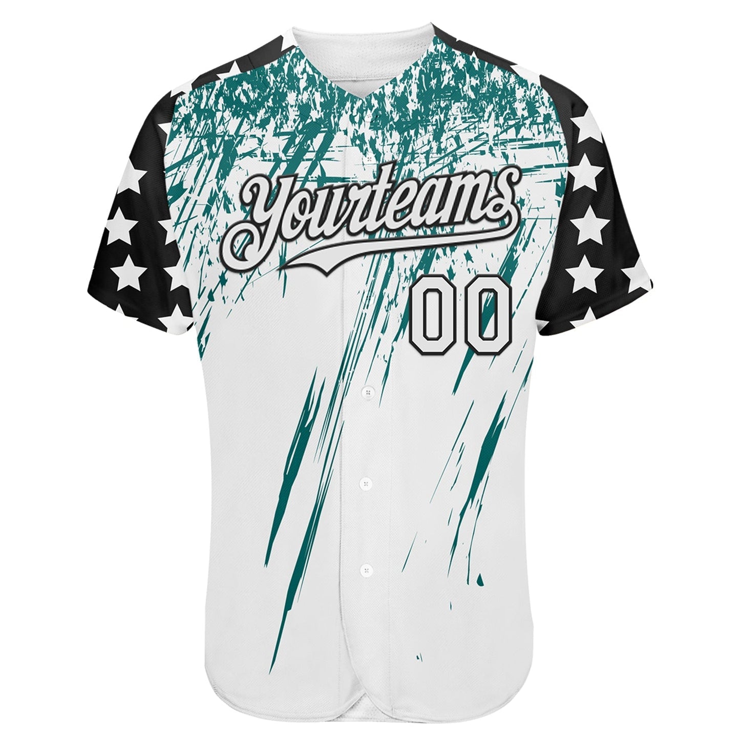 Custom White Black-Teal Splatter Brush Stroke Star Raglan Sleeves Authentic Baseball Jersey baseball jersey product view 2