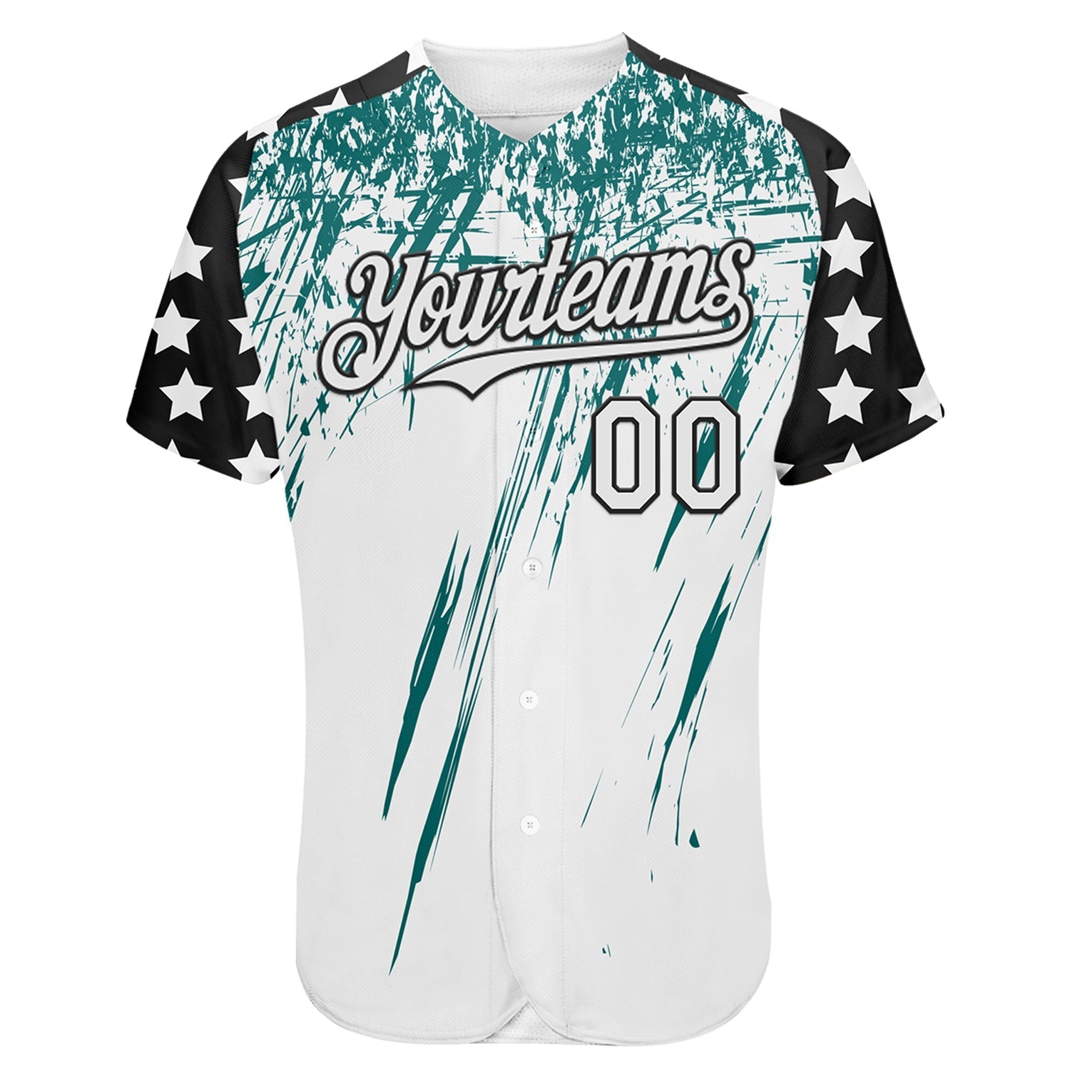 Custom White Black-Teal Splatter Brush Stroke Star Raglan Sleeves Authentic Baseball Jersey baseball jersey product view 2