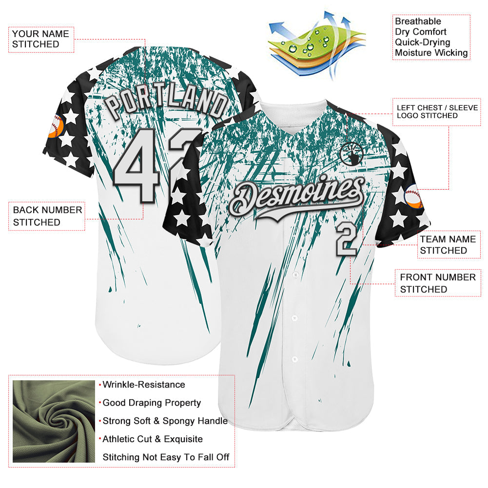 Custom White Black-Teal Splatter Brush Stroke Star Raglan Sleeves Authentic Baseball Jersey baseball jersey product view 3