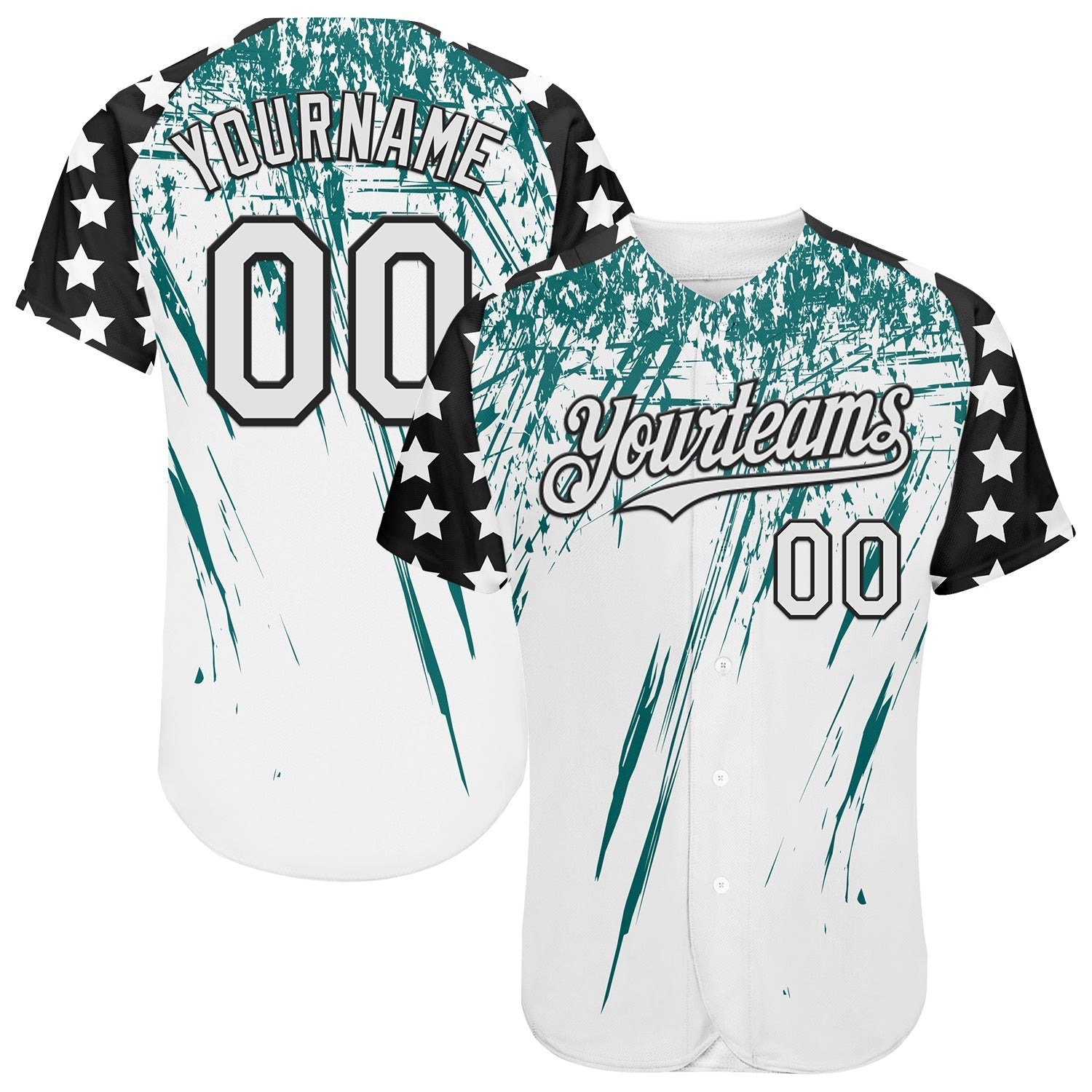 Custom White Black-Teal Splatter Brush Stroke Star Raglan Sleeves Authentic Baseball Jersey baseball jersey product view 1