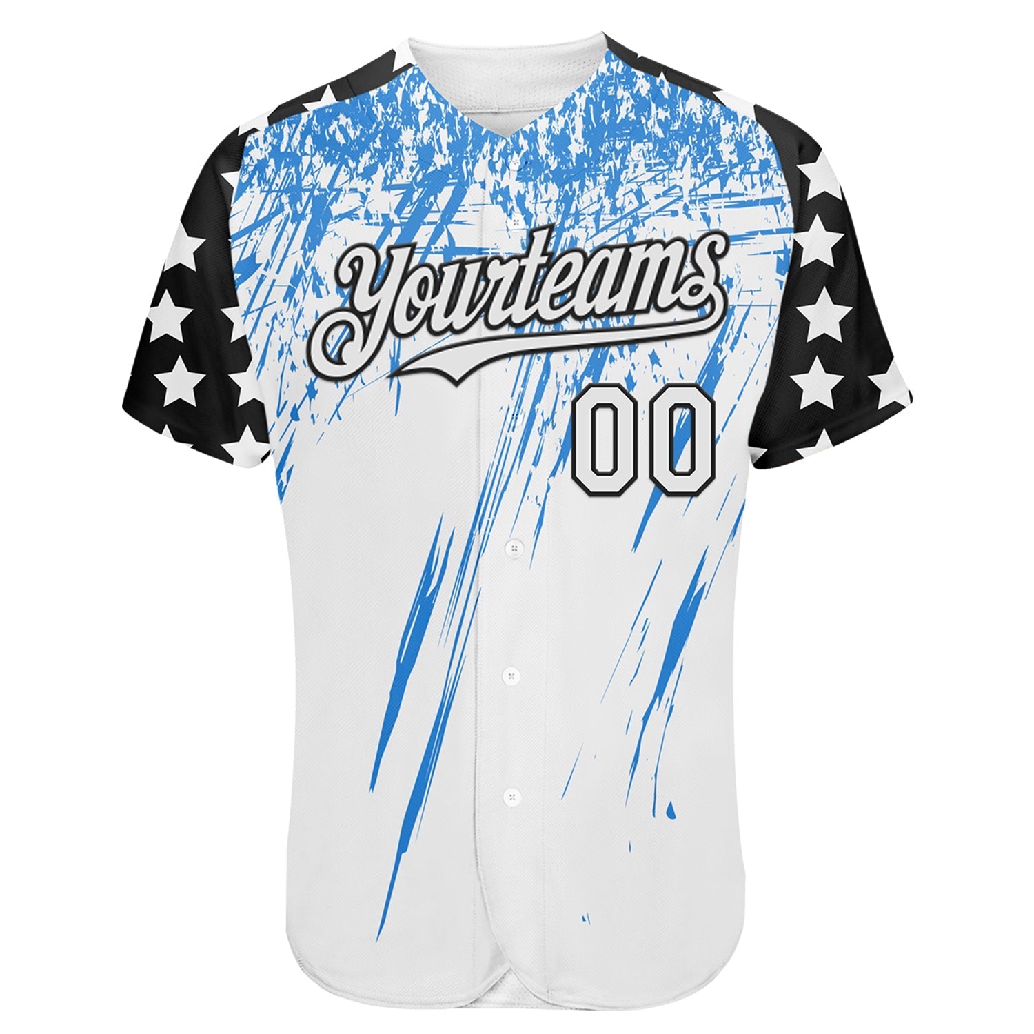 Custom White Black-Powder Blue Splatter Brush Stroke Star Raglan Sleeves Authentic Baseball Jersey baseball jersey product view 2