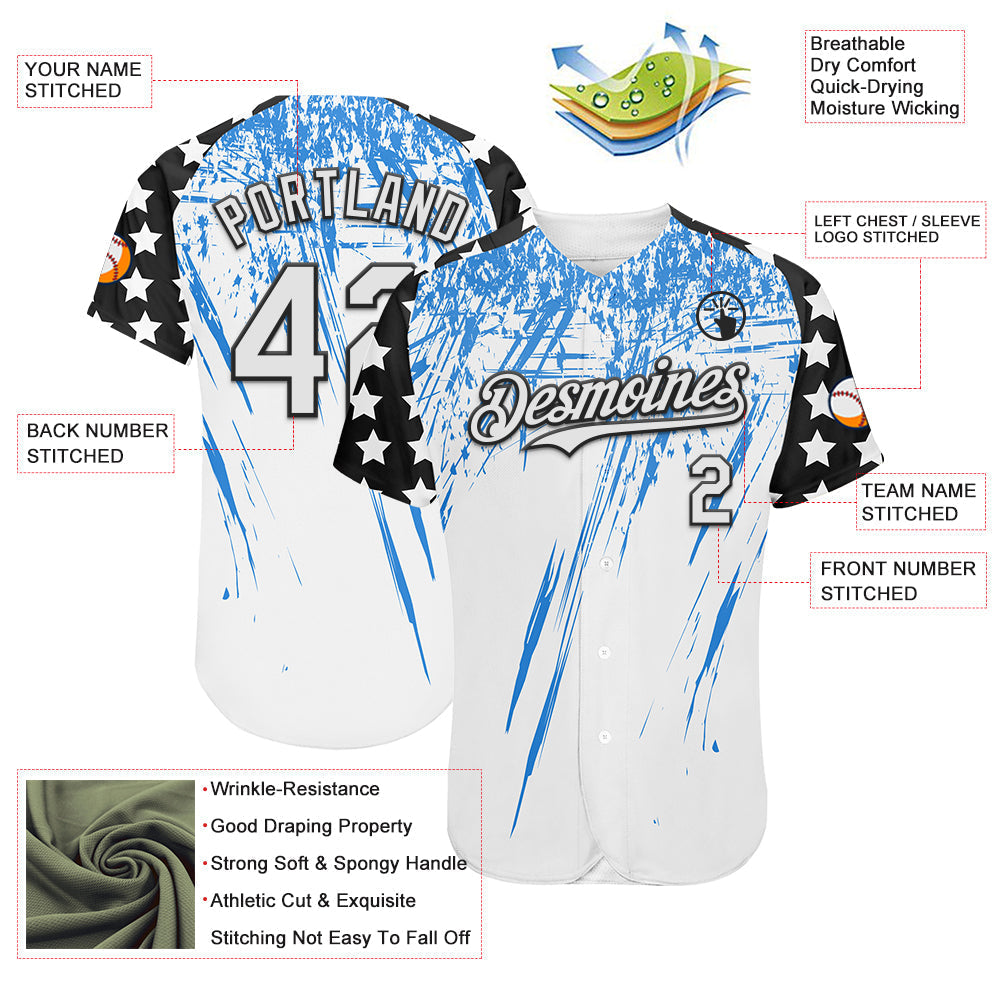 Custom White Black-Powder Blue Splatter Brush Stroke Star Raglan Sleeves Authentic Baseball Jersey baseball jersey product view 3