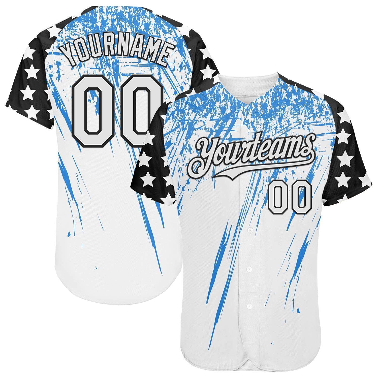Custom White Black-Powder Blue Splatter Brush Stroke Star Raglan Sleeves Authentic Baseball Jersey baseball jersey product view 1