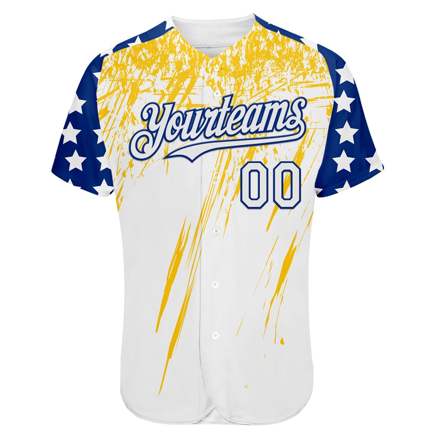 Custom White Royal-Yellow Splatter Brush Stroke Star Raglan Sleeves Authentic Baseball Jersey baseball jersey product view 2