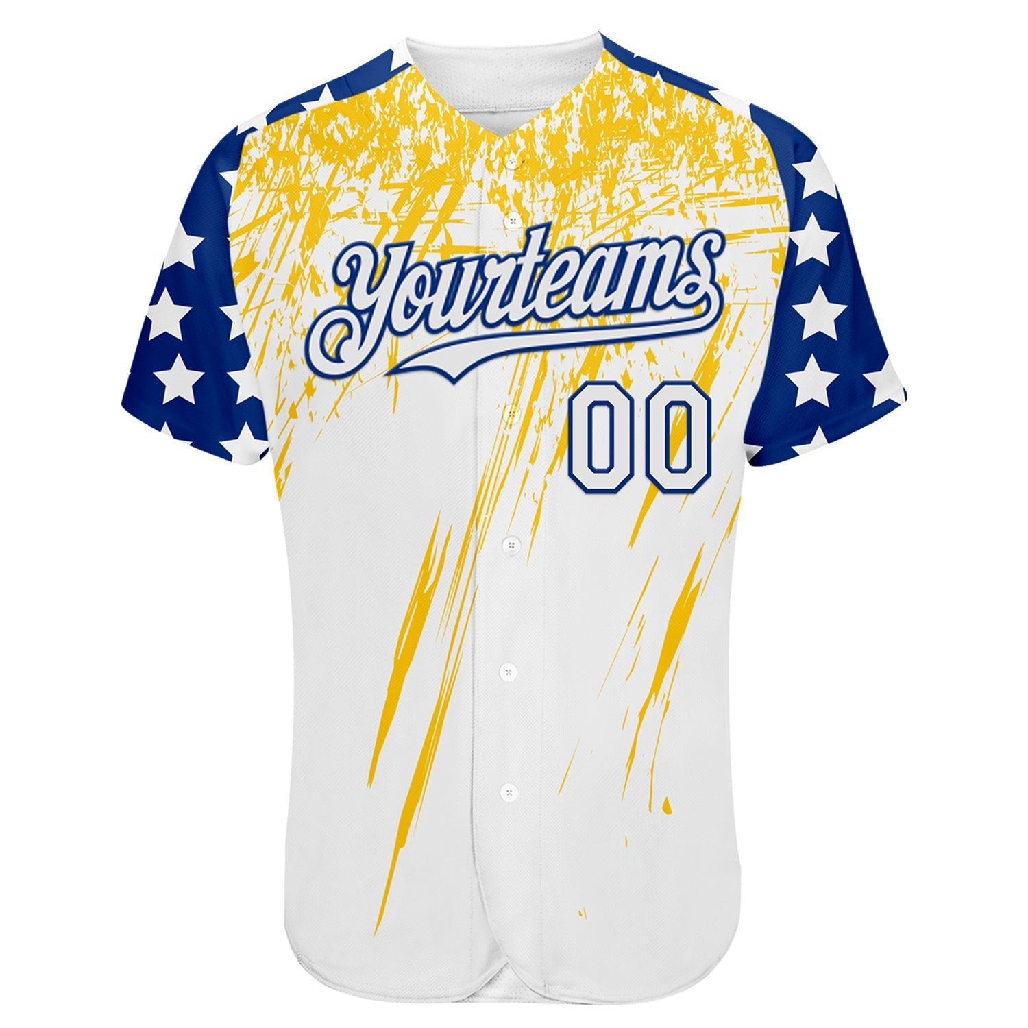 Custom White Royal-Yellow Splatter Brush Stroke Star Raglan Sleeves Authentic Baseball Jersey baseball jersey product view 2