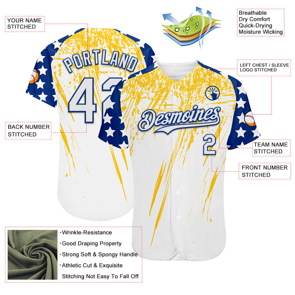 Custom White Royal-Yellow Splatter Brush Stroke Star Raglan Sleeves Authentic Baseball Jersey baseball jersey product view 3