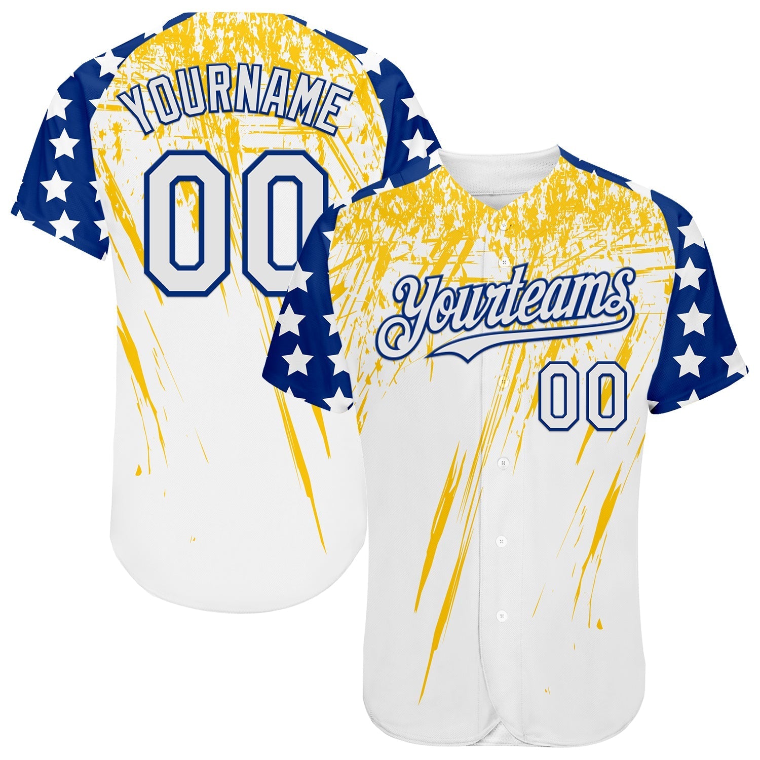 Custom White Royal-Yellow Splatter Brush Stroke Star Raglan Sleeves Authentic Baseball Jersey baseball jersey product view 1
