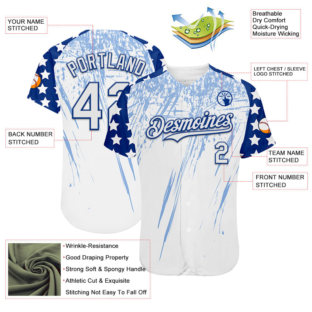Custom White Royal-Light Blue Splatter Brush Stroke Star Raglan Sleeves Authentic Baseball Jersey baseball jersey product view 3
