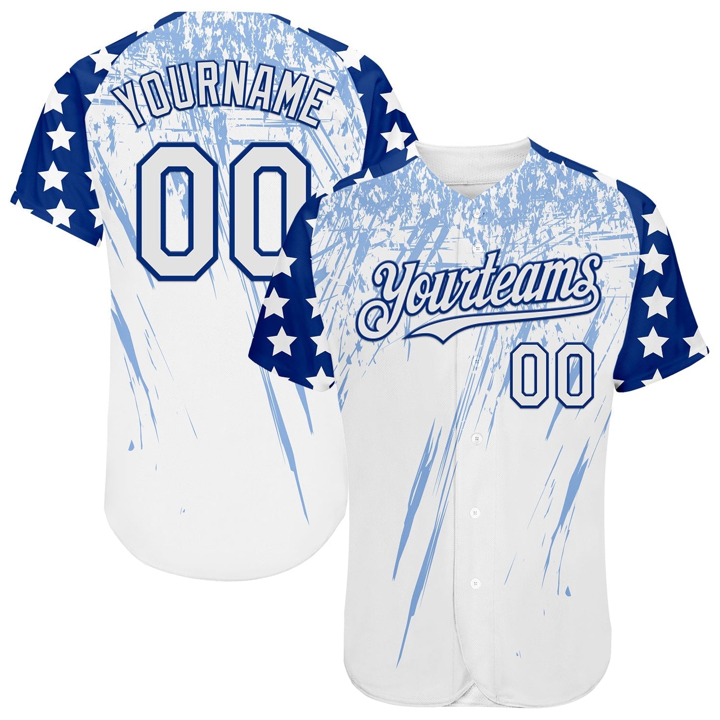 Custom White Royal-Light Blue Splatter Brush Stroke Star Raglan Sleeves Authentic Baseball Jersey baseball jersey product view 1