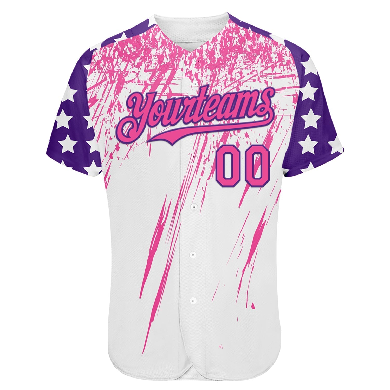 Custom White Pink-Purple Splatter Brush Stroke Star Raglan Sleeves Authentic Baseball Jersey baseball jersey product view 2