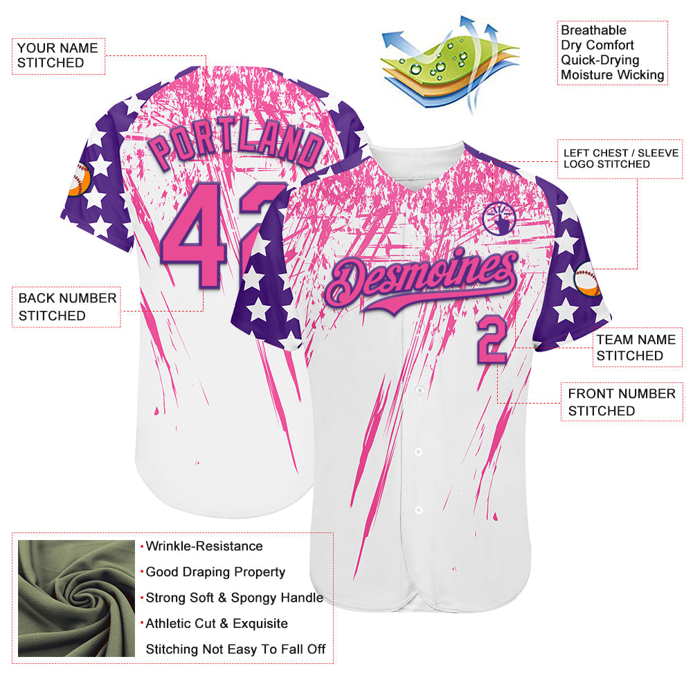 Custom White Pink-Purple Splatter Brush Stroke Star Raglan Sleeves Authentic Baseball Jersey baseball jersey product view 3
