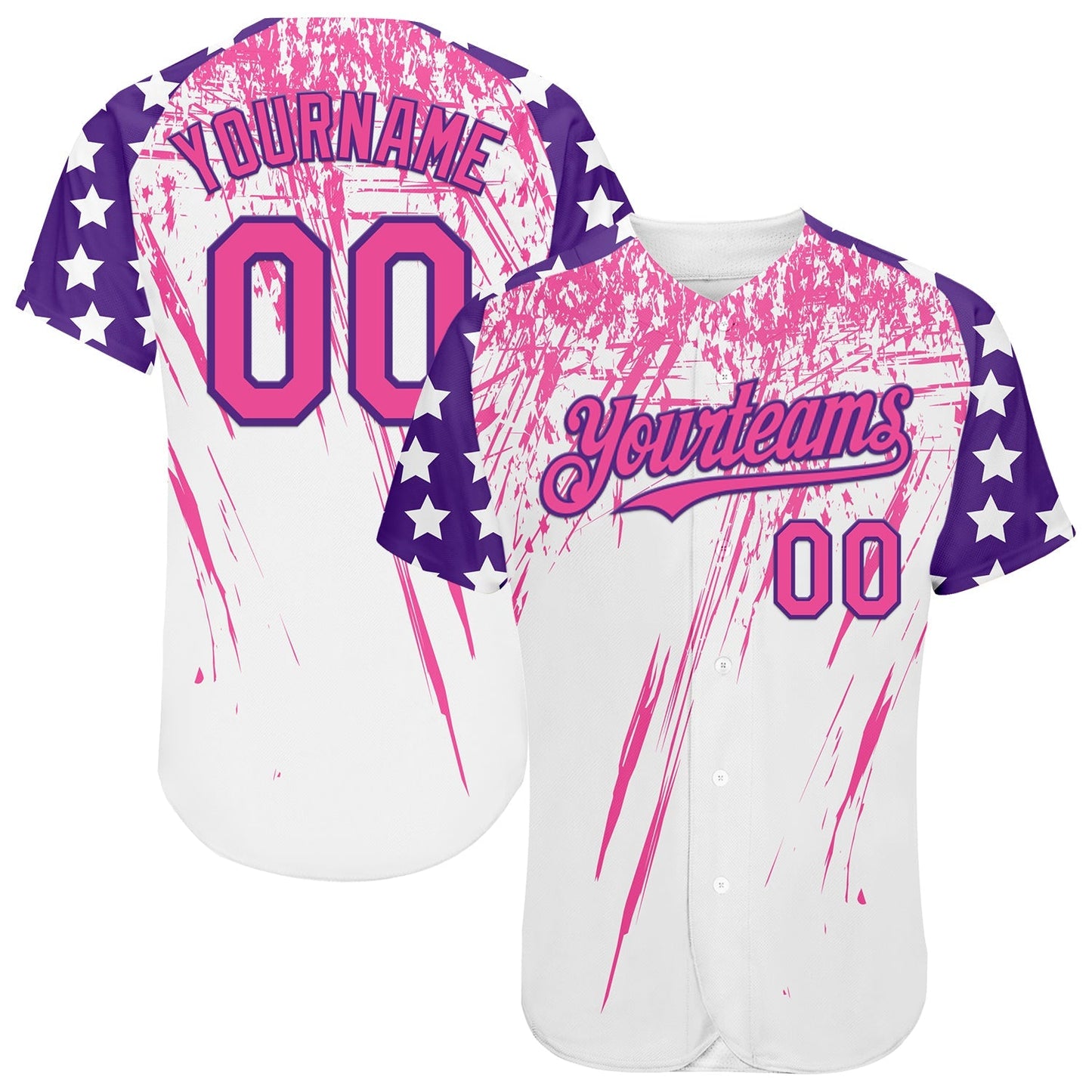 Custom White Pink-Purple Splatter Brush Stroke Star Raglan Sleeves Authentic Baseball Jersey baseball jersey product view 1