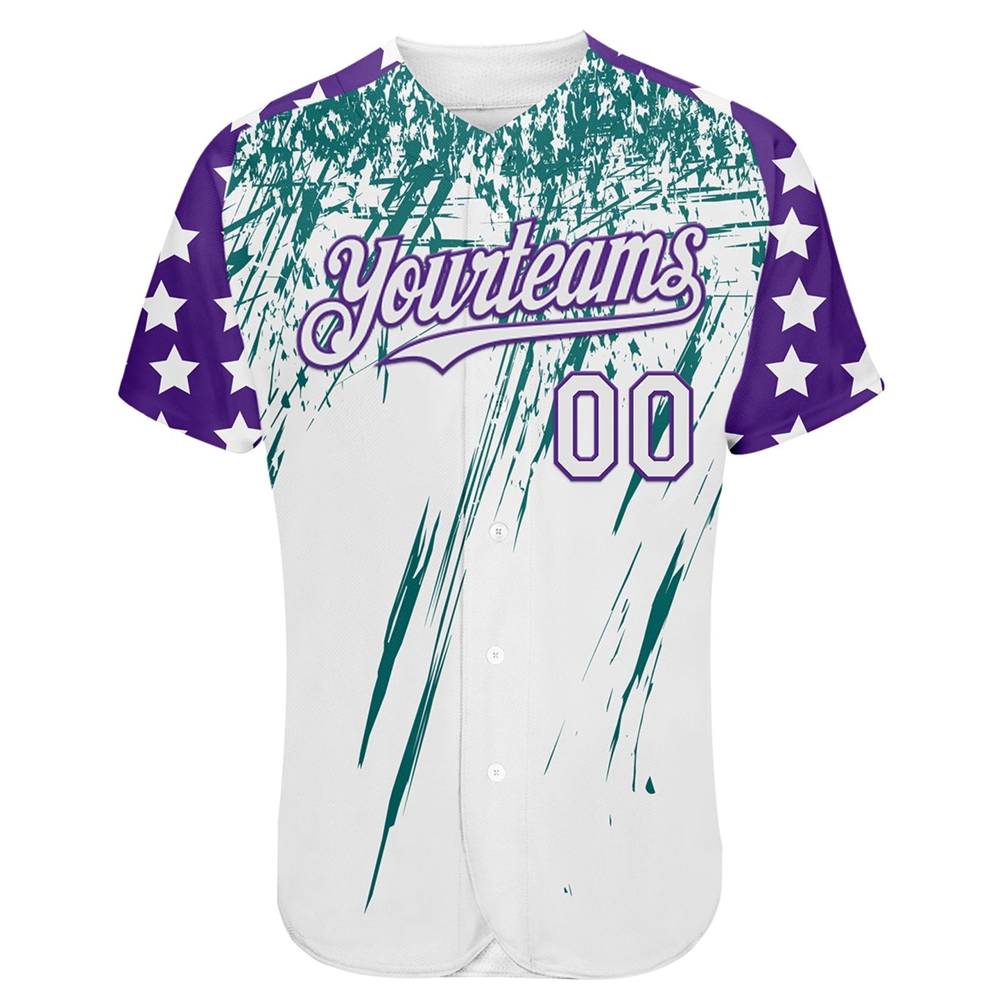 Custom White Purple-Teal Splatter Brush Stroke Star Raglan Sleeves Authentic Baseball Jersey baseball jersey product view 2