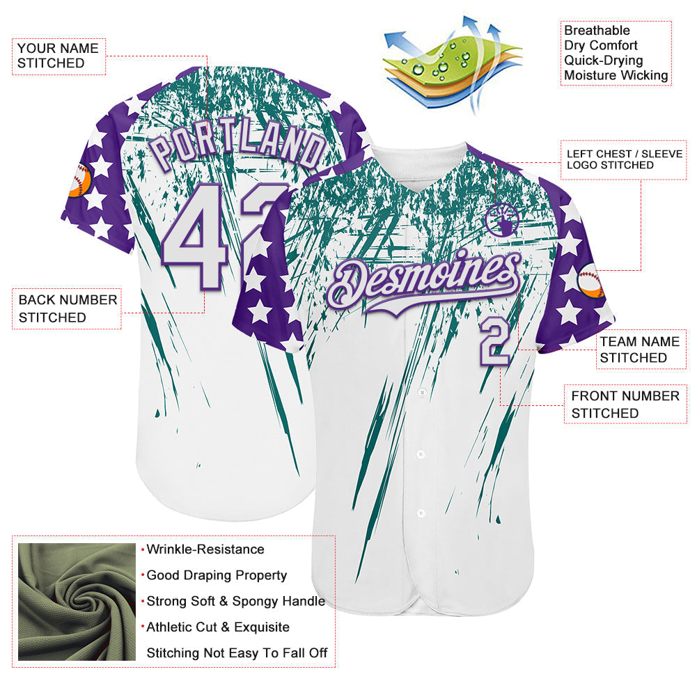 Custom White Purple-Teal Splatter Brush Stroke Star Raglan Sleeves Authentic Baseball Jersey baseball jersey product view 3