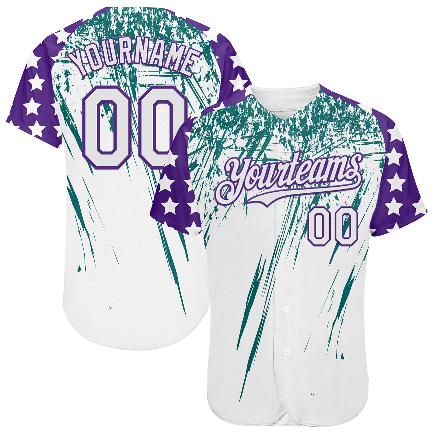 Custom White Purple-Teal Splatter Brush Stroke Star Raglan Sleeves Authentic Baseball Jersey baseball jersey product view 1