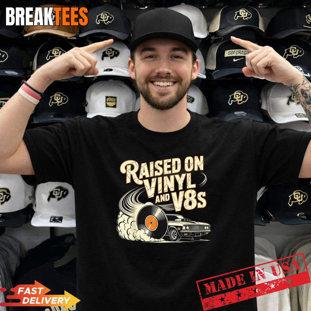 Raised On Vinyl and V8s Retro Car Music Culture Shirt Unisex T-shirt, Sweatshirt, Hoodie, Long Sleeve Tee - T-Shirt, Sweatshirt, Hoodie