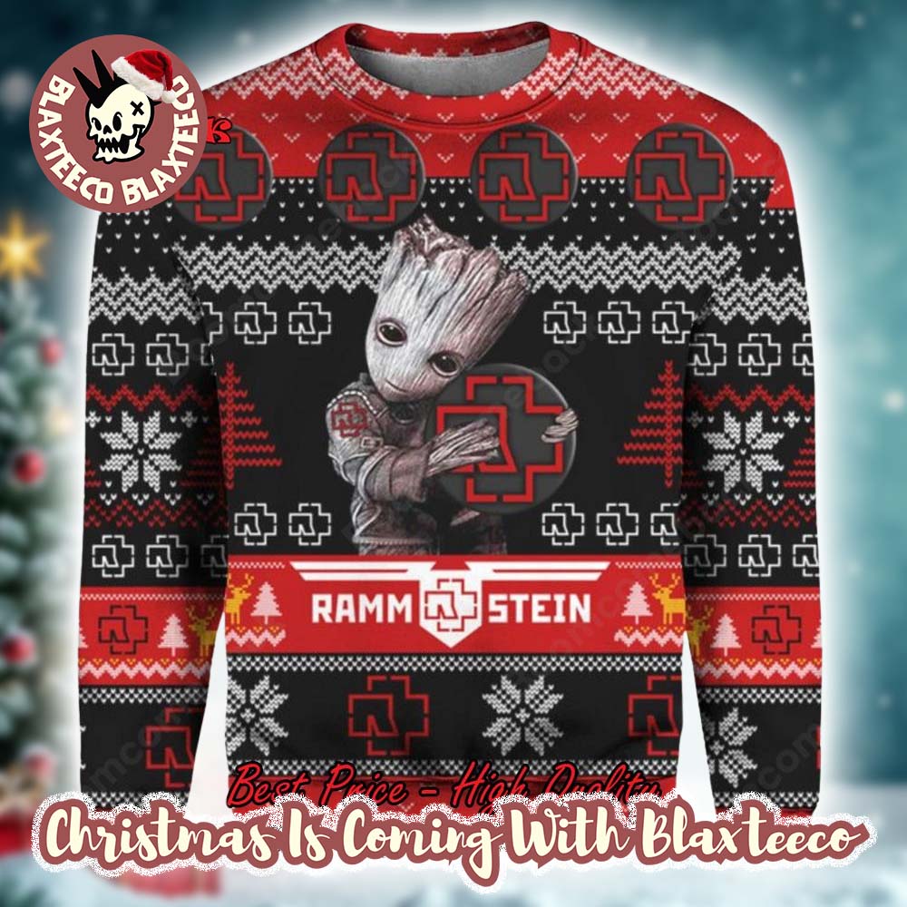 Rammstein Baby Groot Hugging Band Logo All Over Print Ugly Christmas Sweater 2025 Unisex T-shirt, Sweatshirt, Hoodie, Long Sleeve Tee - T-Shirt, Sweatshirt, Hoodie