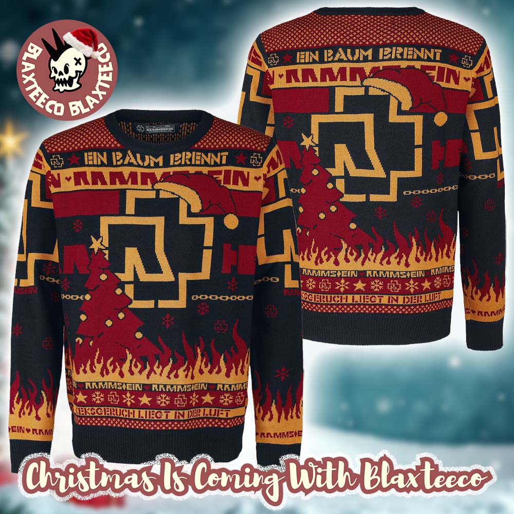 Rammstein Big Logo Santa Hat En Baum Brennt Flames Ugly Christmas Sweater Unisex T-shirt, Sweatshirt, Hoodie, Long Sleeve Tee - T-Shirt, Sweatshirt, Hoodie