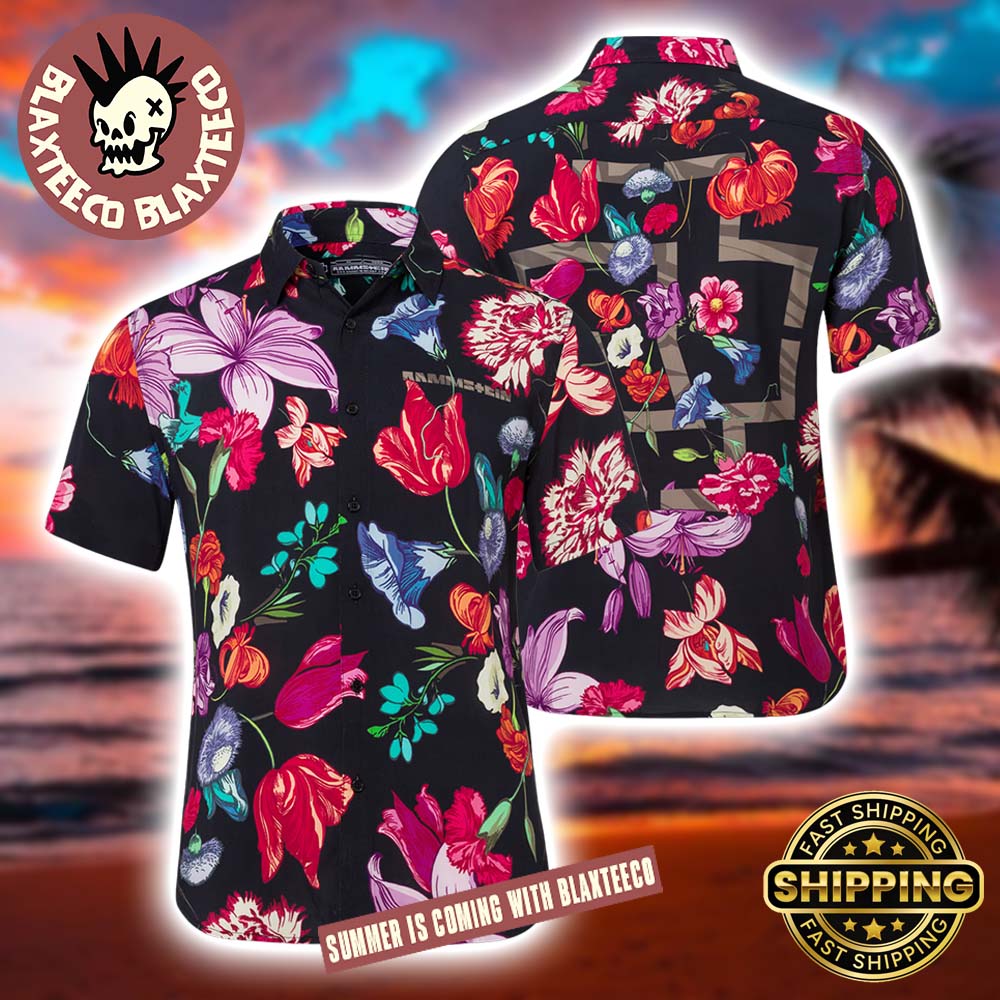 Rammstein Blumen Floral Tropical In Black Summer 2025 Hawaiian Shirt Unisex T-shirt, Sweatshirt, Hoodie, Long Sleeve Tee - T-Shirt, Sweatshirt, Hoodie