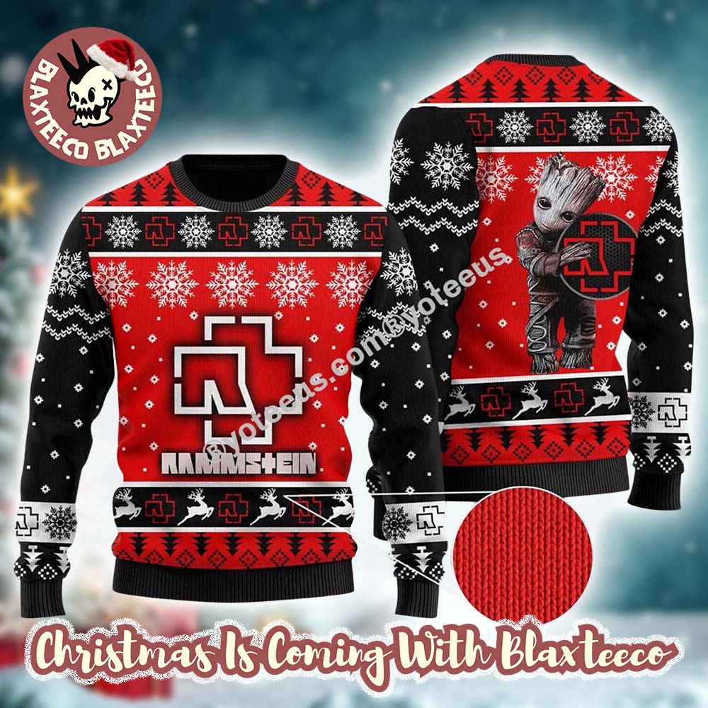 Rammstein Rock Band Big Logo Baby Groot Snowflakes Pattern Personalized Black And Red Ugly Christmas Sweater - T-Shirt, Sweatshirt, Hoodie