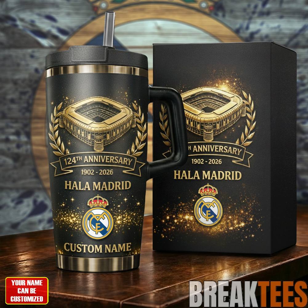 Real Madrid 124th Anniversary Hala Madrid! YETI Tumbler Unisex T-shirt, Sweatshirt, Hoodie, Long Sleeve Tee - T-Shirt, Sweatshirt, Hoodie