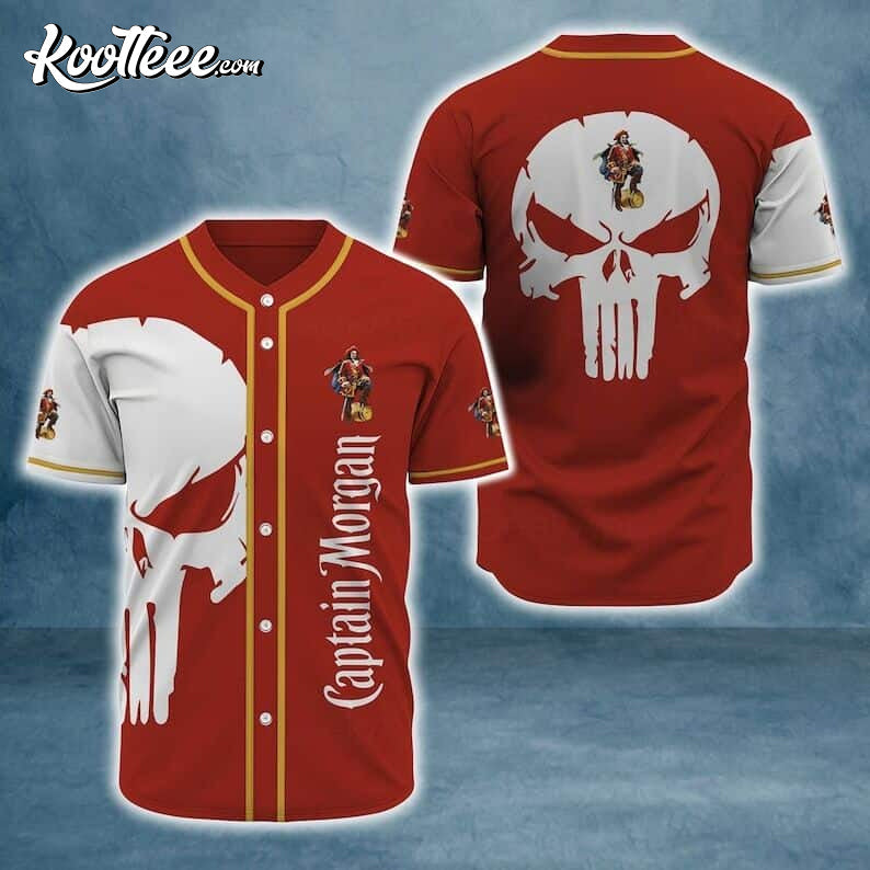 Red Captain Morgan White Ghost Skull Baseball Jersey baseball jersey product view 1
