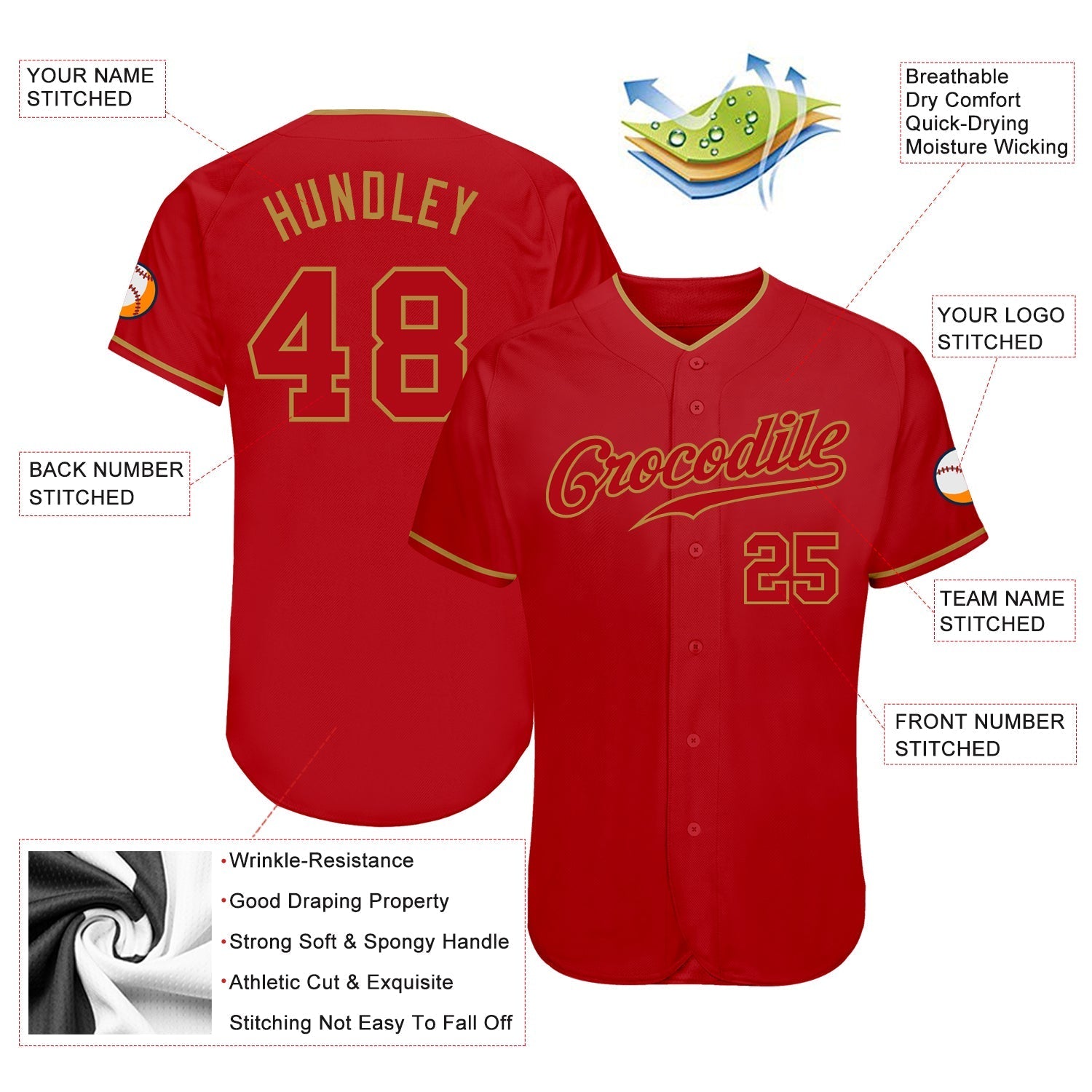 Custom Red Red-Old Gold Authentic Baseball Jersey baseball jersey product view 3
